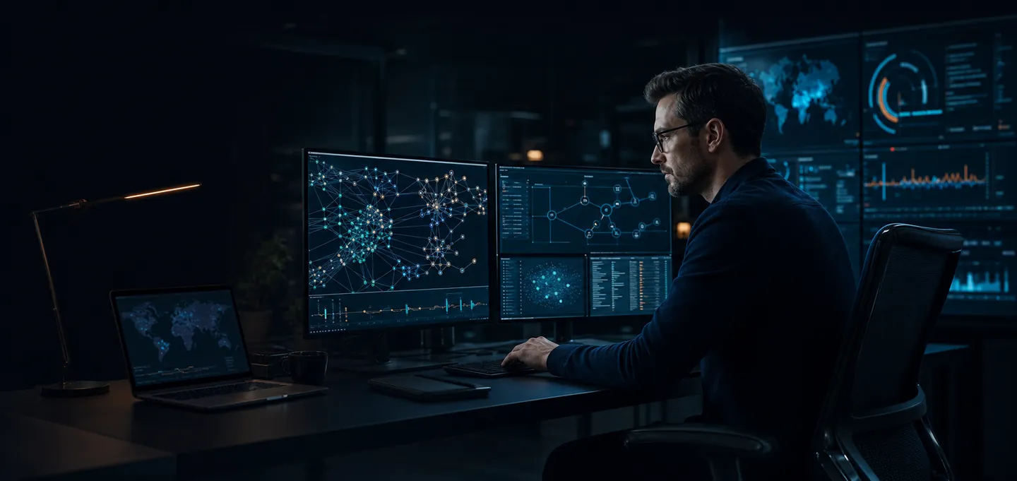 Blockchain forensic investigator reviewing transaction relationships at a workstation